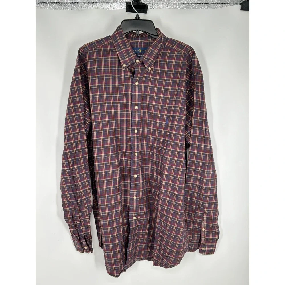 Polo Ralph‎ Lauren Shirt Men's XLT Red Plaid Classic Fit Collared Button Down